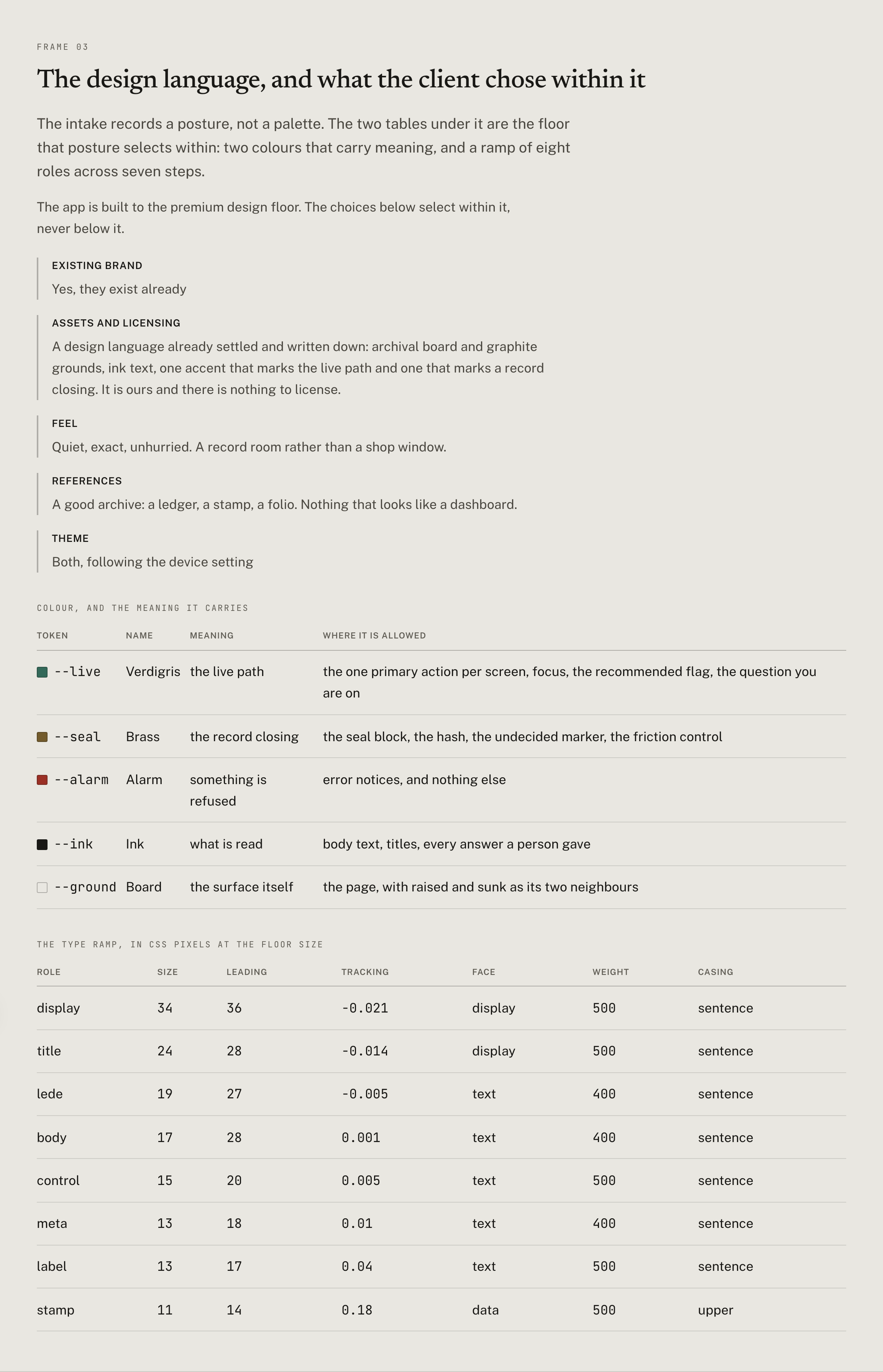 A design language page: a palette where every colour has a meaning written next to it, and a type ramp with a size and a role for each step.