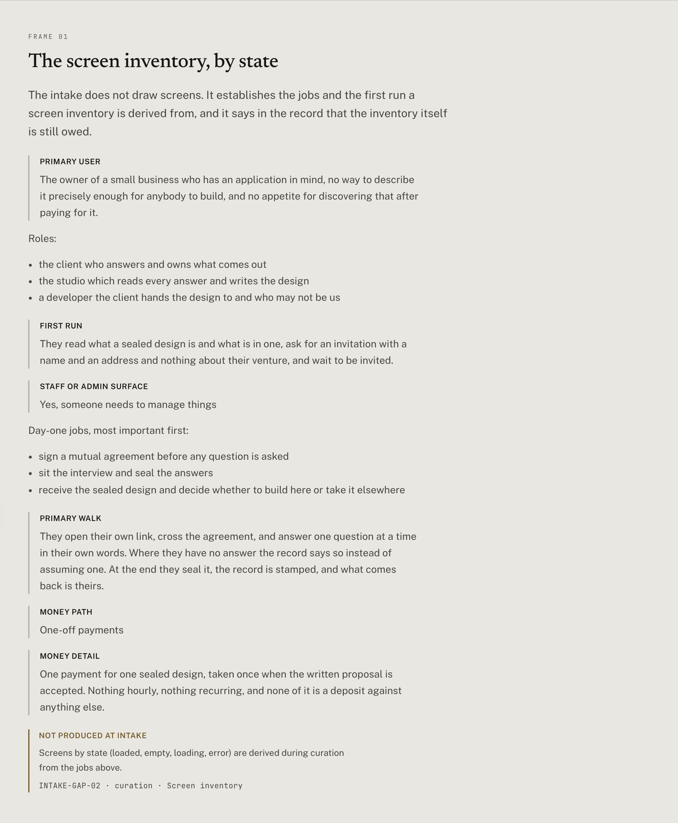 A screen inventory page: every screen listed down the left, and across from each one the loaded, empty, loading and error states it can be in.